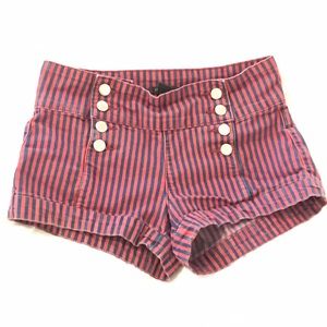 Red and blue pinstripe shorts button detail